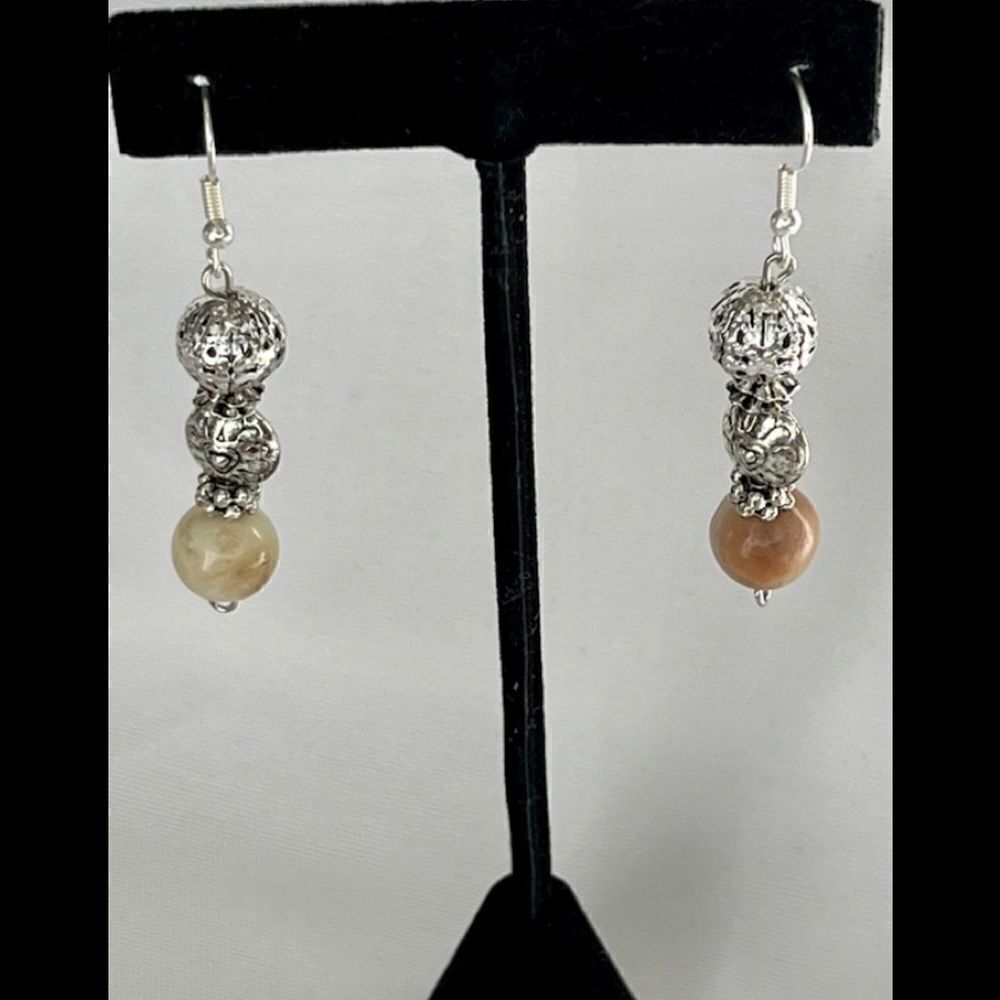 Silver Tone Dangle Beaded Earrings with Amazonite and Textured Embossed Beads